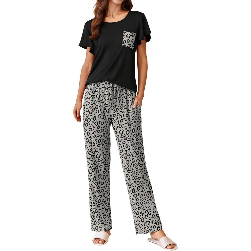 imageEkouaer Pajamas for Women Set 2 Piece Comfy Loungewear Lightweight Pjs Sleepwear Short Sleeve Top amp Long Pants with PocketsBlack Leopard