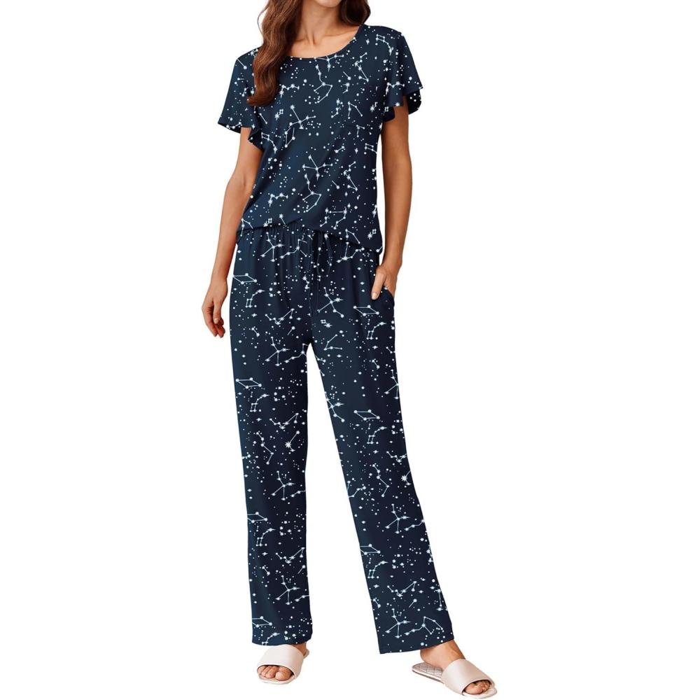 imageEkouaer Pajamas for Women Set 2 Piece Comfy Loungewear Lightweight Pjs Sleepwear Short Sleeve Top amp Long Pants with PocketsDreamy Constellation