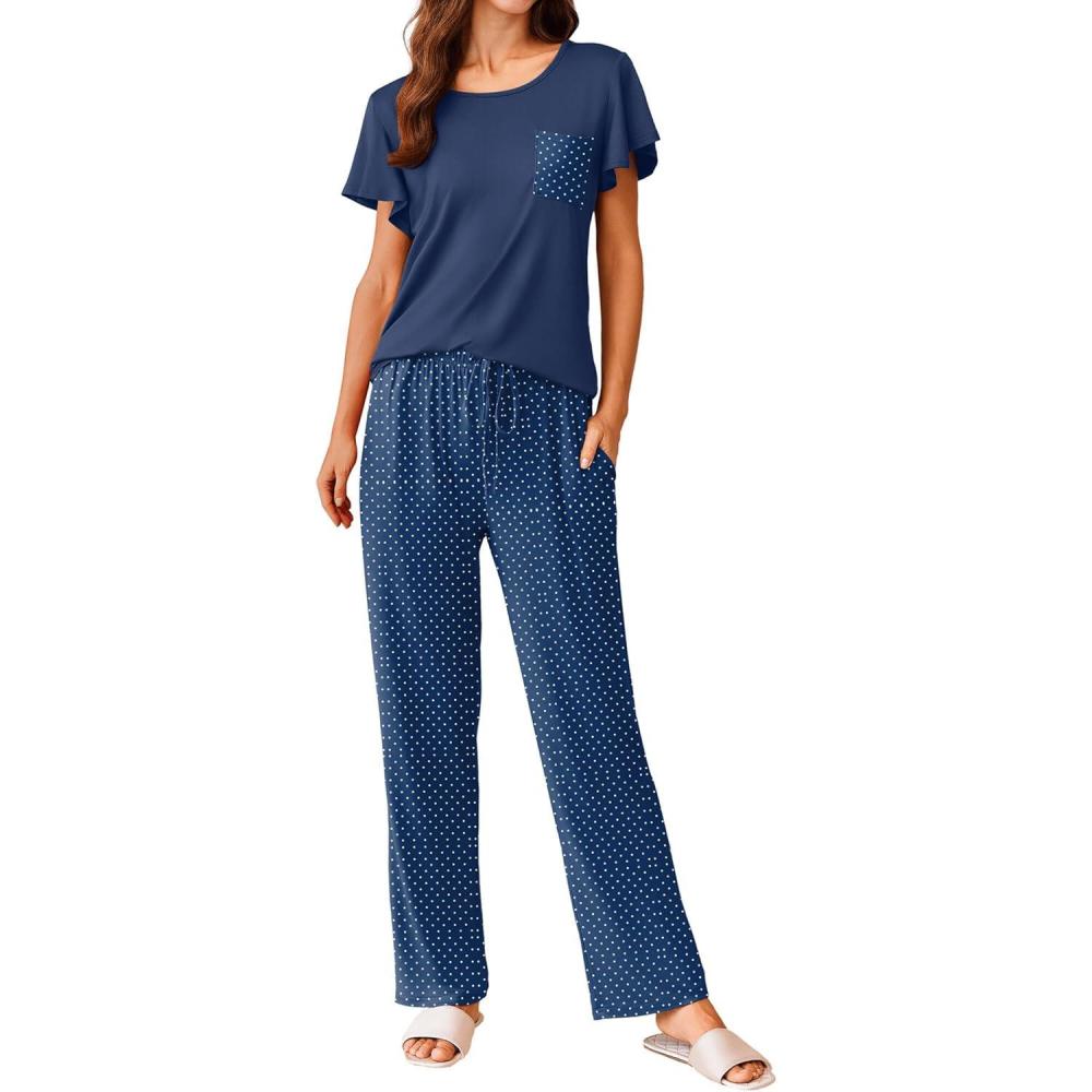 imageEkouaer Pajamas for Women Set 2 Piece Comfy Loungewear Lightweight Pjs Sleepwear Short Sleeve Top amp Long Pants with PocketsNavy Polka Dots