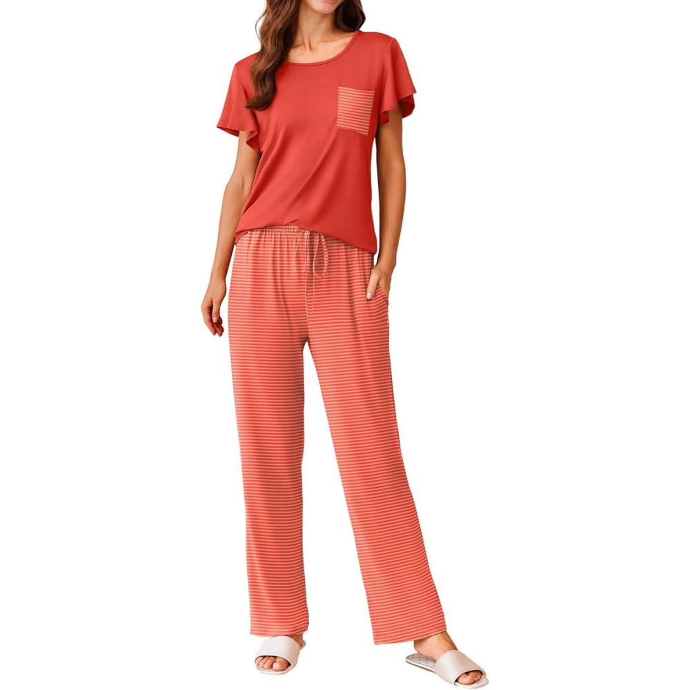 imageEkouaer Pajamas for Women Set 2 Piece Comfy Loungewear Lightweight Pjs Sleepwear Short Sleeve Top amp Long Pants with PocketsRed Stripe