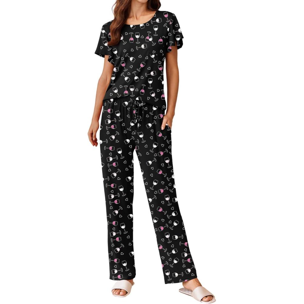 imageEkouaer Pajamas for Women Set 2 Piece Comfy Loungewear Lightweight Pjs Sleepwear Short Sleeve Top amp Long Pants with PocketsWine Glasses
