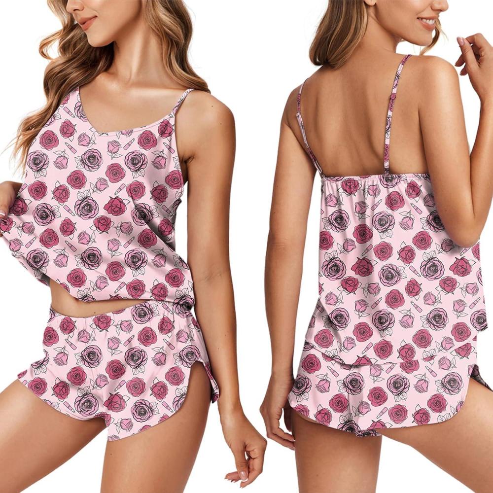 imageEkouaer Silk Pajamas for Women Satin Cami Pjs Set V Neck Camisole Shorts Set Adjustable Strap SleepwearPink Rose