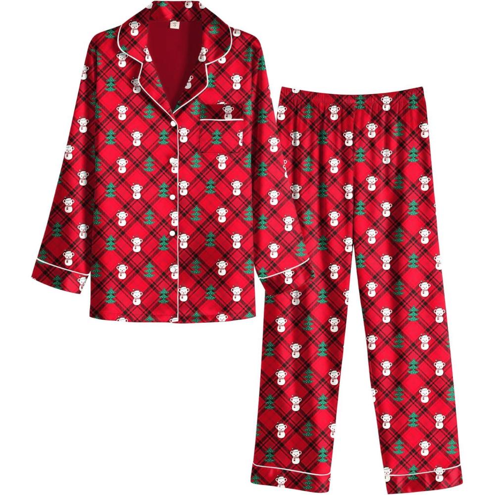 imageEkouaer Womens Classic Button Down Long Satin Silk Pajama SetRed Christmas Teddy 02