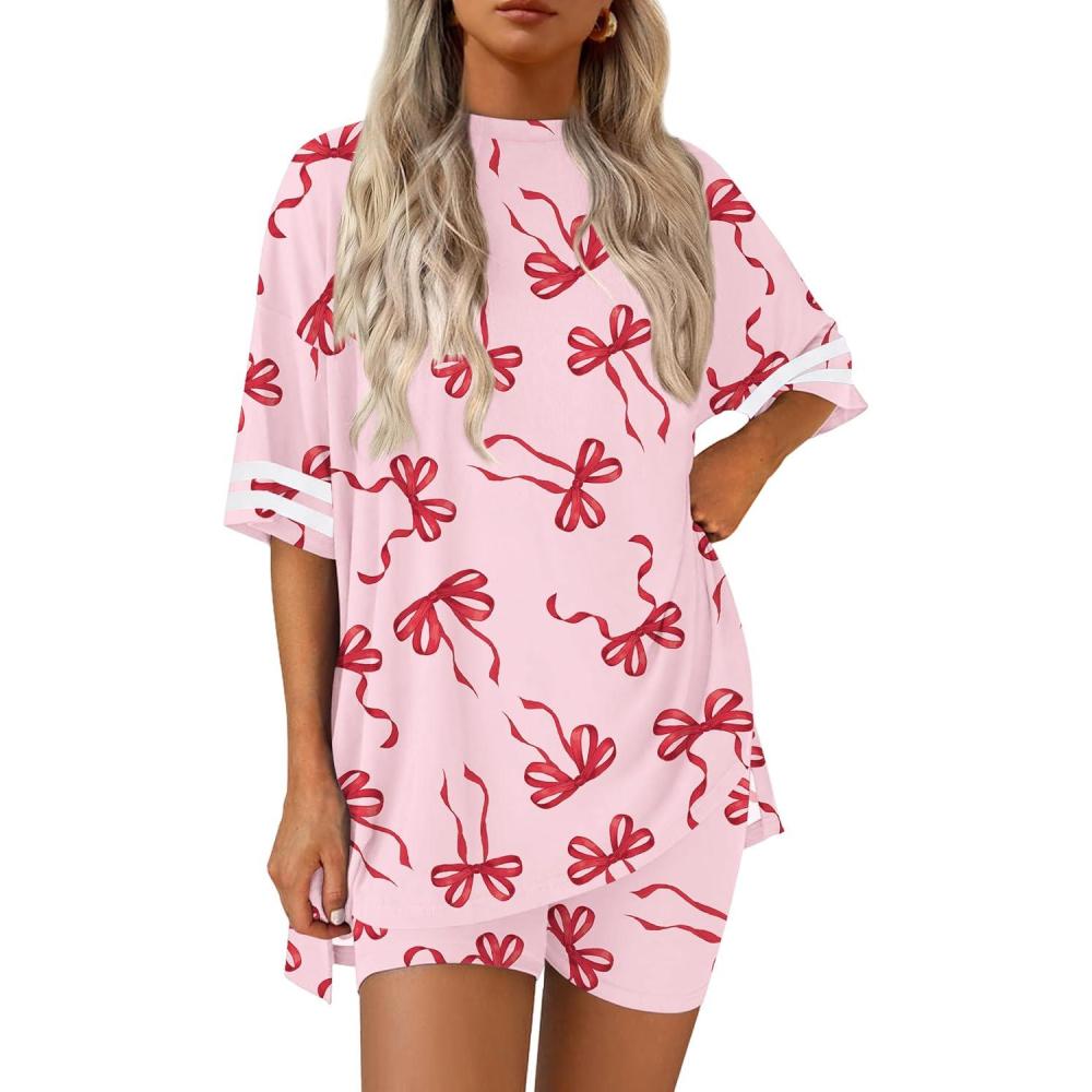 imageEkouaer Womens Pajamas 2 Piece Lounge Set Casual Oversized Short Sleeve Tops Biker Shorts Set Comfy Pjs Outfits SXXLBow Knot Pink Red