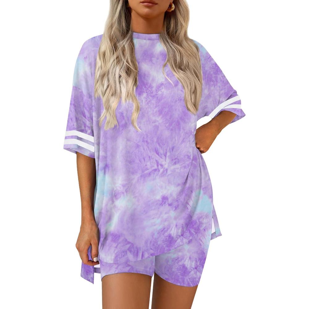 imageEkouaer Womens Pajamas 2 Piece Lounge Set Casual Oversized Short Sleeve Tops Biker Shorts Set Comfy Pjs Outfits SXXLTie Dye Purple