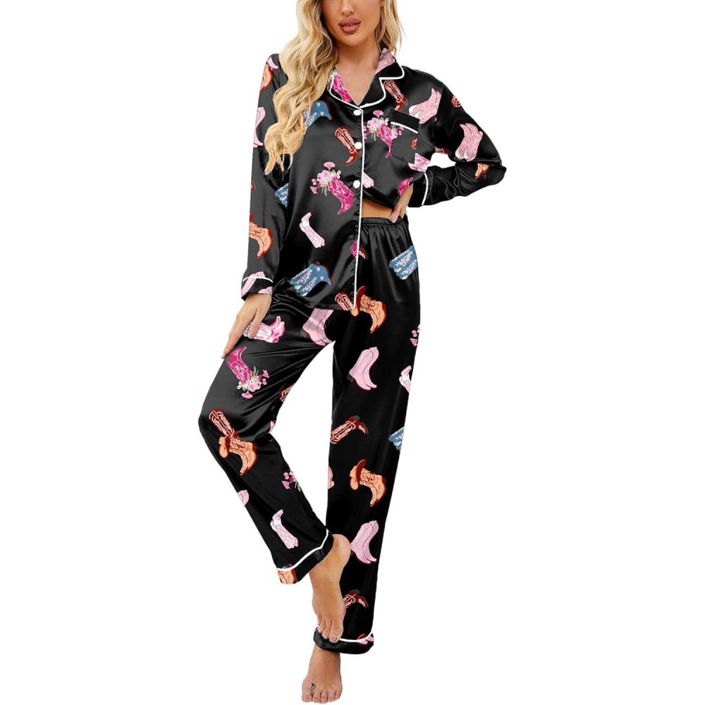 imageEkouaer Womens Satin Pajama Set Classic Pattern Silky Pj Sets Button Down Sleepwear LoungewearBlack Boots 03