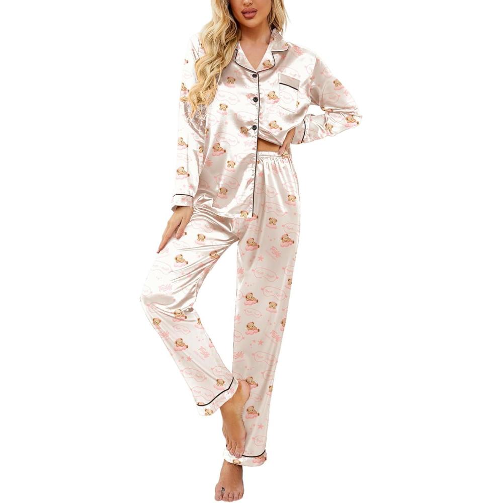 imageEkouaer Womens Satin Pajama Set Classic Pattern Silky Pj Sets Button Down Sleepwear LoungewearSleeping Teddy 03