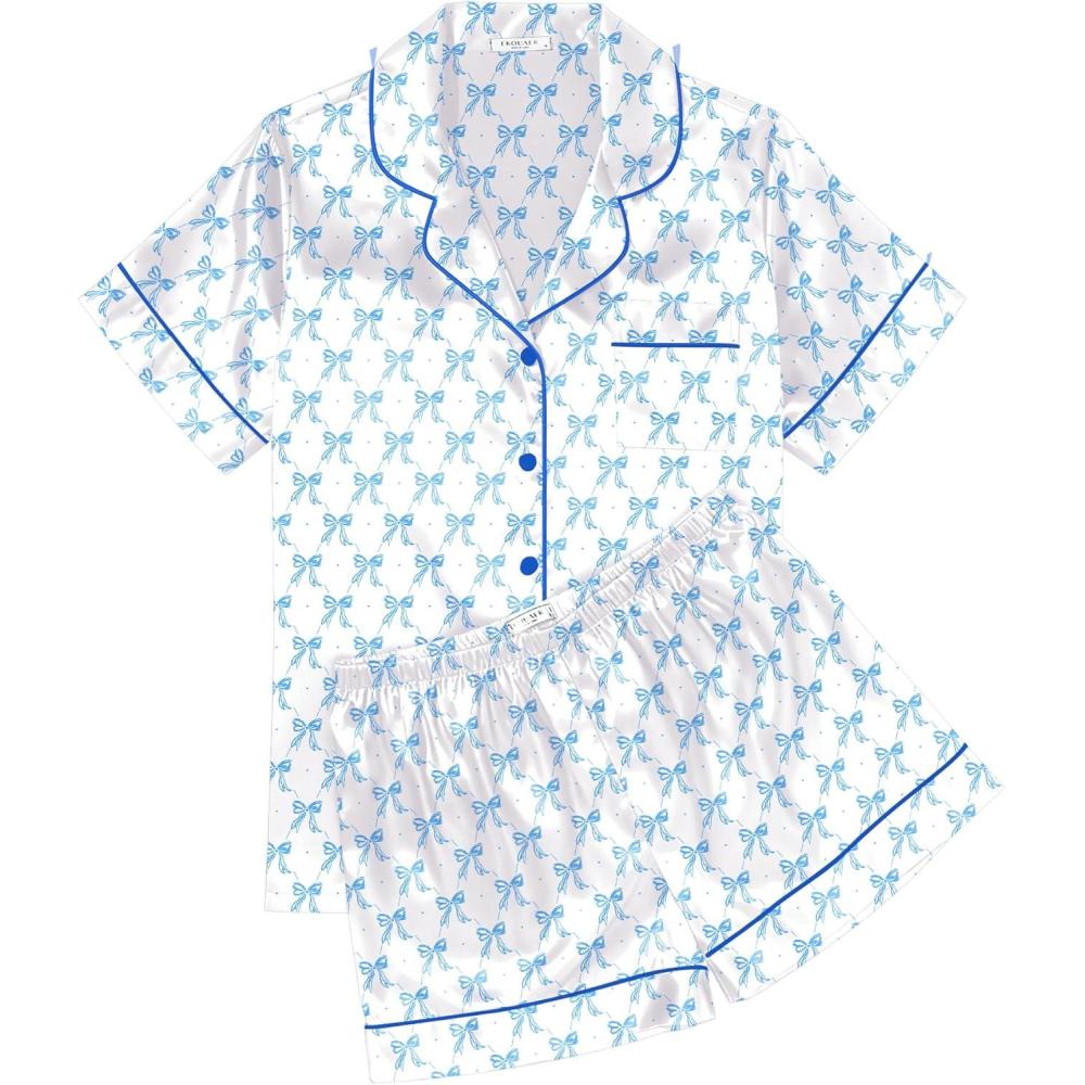 imageEkouaer Womens Silk Satin Pajama Sets Soft Short Sleeve Button Down Sleepwear Top and Shorts 2 Piece Pjs Lounge SetDbow Knot White Blue
