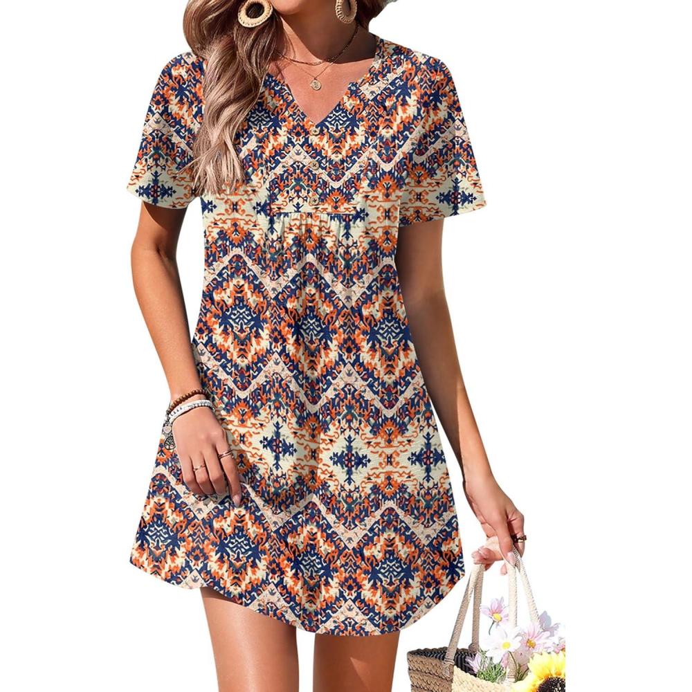 imageEkouaer Womens Swimsuit Coverup Short Sleeve Bathing Suit Cover Up V Neck Beach Cover Up Dress Vacation Outfits 2026Ethnic Print