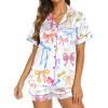 Ekouaer Silk Pajamas for Women Short Sleeve Sleepwear Soft Button Down Loungewear 2 Piece Satin Pjs Shorts Set(White Bow Knot)
