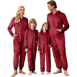 Ekouaer Christmas Matching Pajamas Onesie for Family Fleece Onesie Sleepwear Zipper Jumpsuit with Pockets(Red Plaid Onesie)