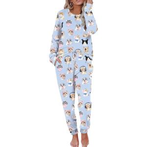Ekouaer Pajamas Women’s Long Sleeve Sleepwear with Long Pants Soft Loungewear Pj Set S-XXL(Light Blue Cat)