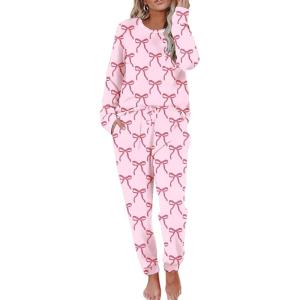 Ekouaer Pajamas Women’s Long Sleeve Sleepwear with Long Pants Soft Loungewear Pj Set S-XXL(Pink Bow)