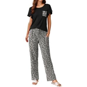 Ekouaer Pajamas for Women Set 2 Piece Comfy Loungewear, Lightweight Pjs Sleepwear, Short Sleeve Top & Long Pants with Pockets(Black Leopard)