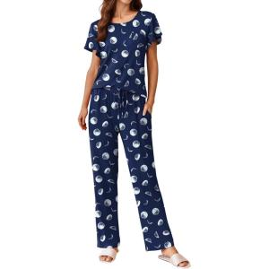 Ekouaer Pajamas for Women Set 2 Piece Comfy Loungewear, Lightweight Pjs Sleepwear, Short Sleeve Top & Long Pants with Pockets(Blue Moon)