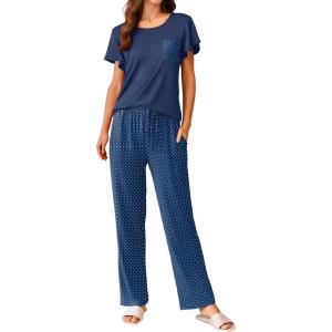 Ekouaer Pajamas for Women Set 2 Piece Comfy Loungewear, Lightweight Pjs Sleepwear, Short Sleeve Top & Long Pants with Pockets(Navy Polka Dots)