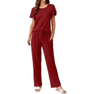 Ekouaer Pajamas for Women Set 2 Piece Comfy Loungewear, Lightweight Pjs Sleepwear, Short Sleeve Top & Long Pants with Pockets(Red)