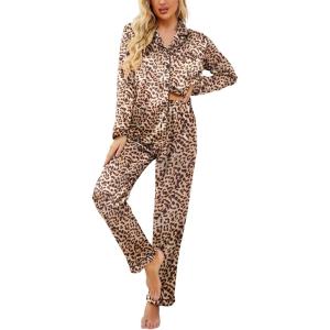 Ekouaer Women’s Classic Button Down Long Satin Silk Pajama Set(Brown Leopard)