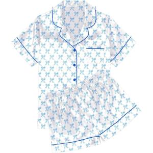 Ekouaer Womens Silk Satin Pajama Sets Soft Short Sleeve Button Down Sleepwear Top and Shorts 2 Piece Pjs Lounge Set(D-bow Knot White Blue)
