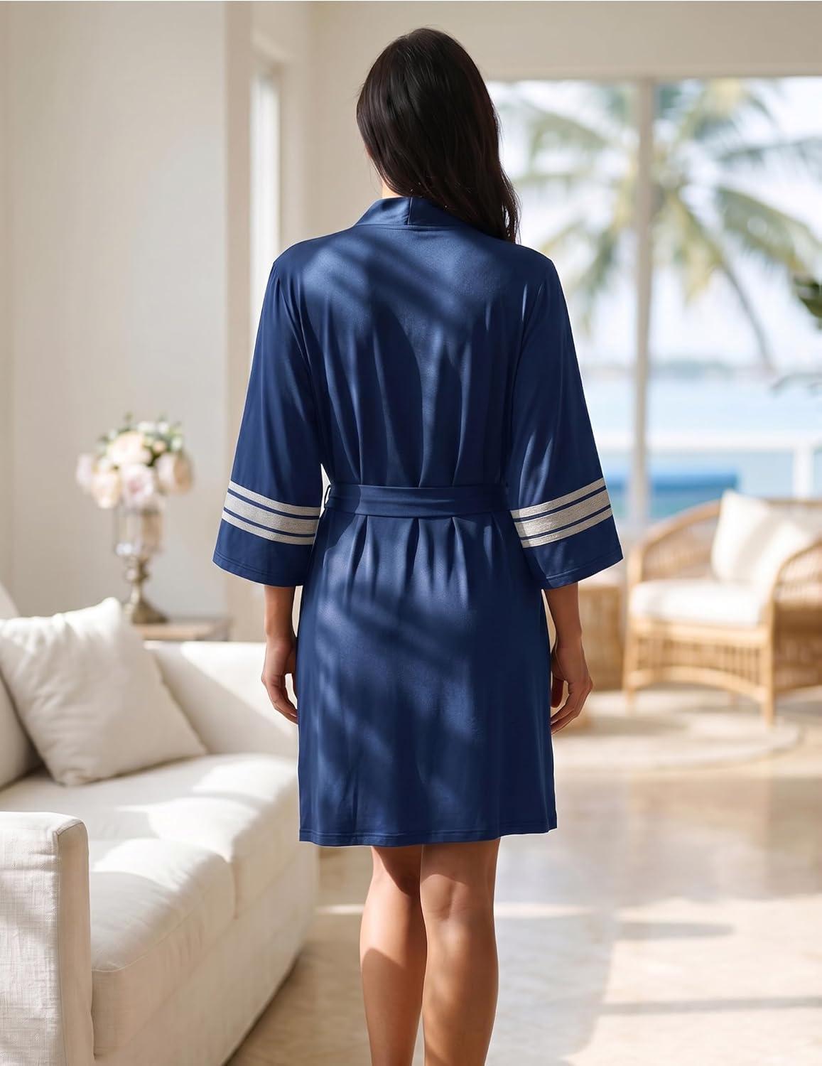 imageEkouaer Womens Robe Lightweight 34 Sleeve Bathrobe Soft Short Knit Sleepwear with PocketsD Azure