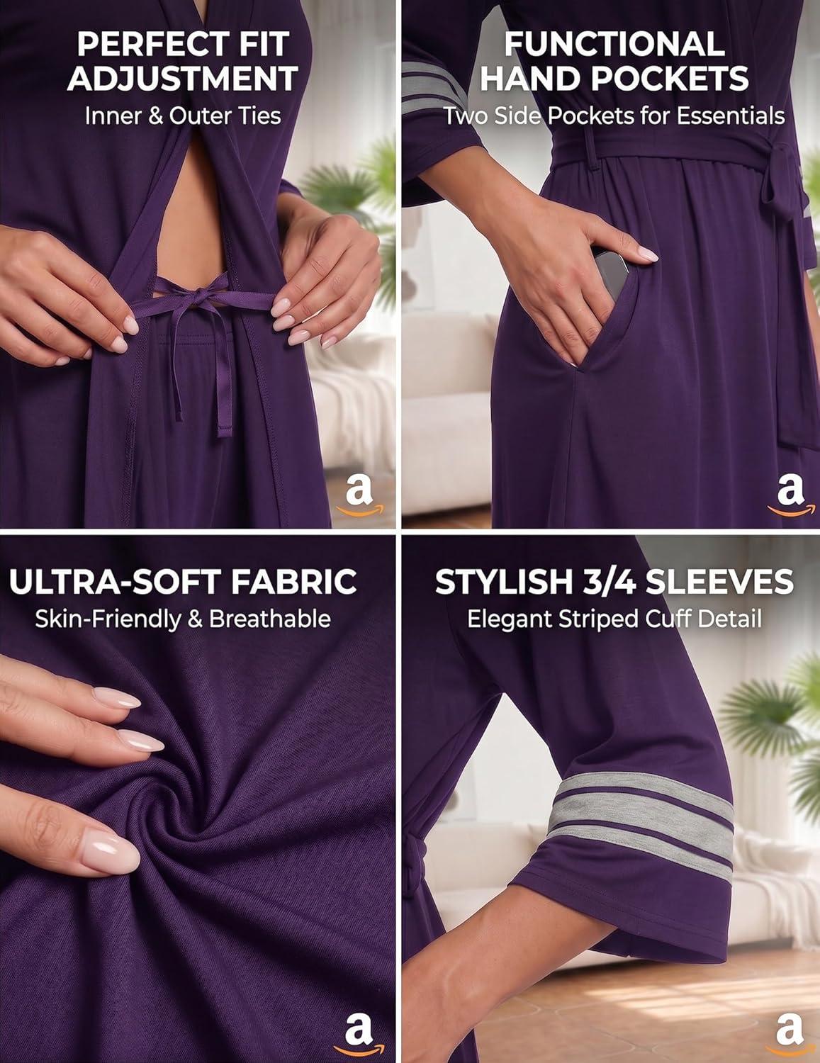imageEkouaer Womens Robe Lightweight 34 Sleeve Bathrobe Soft Short Knit Sleepwear with PocketsDark Purple