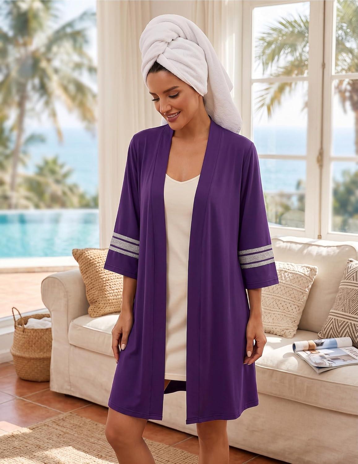 imageEkouaer Womens Robe Lightweight 34 Sleeve Bathrobe Soft Short Knit Sleepwear with PocketsDark Purple
