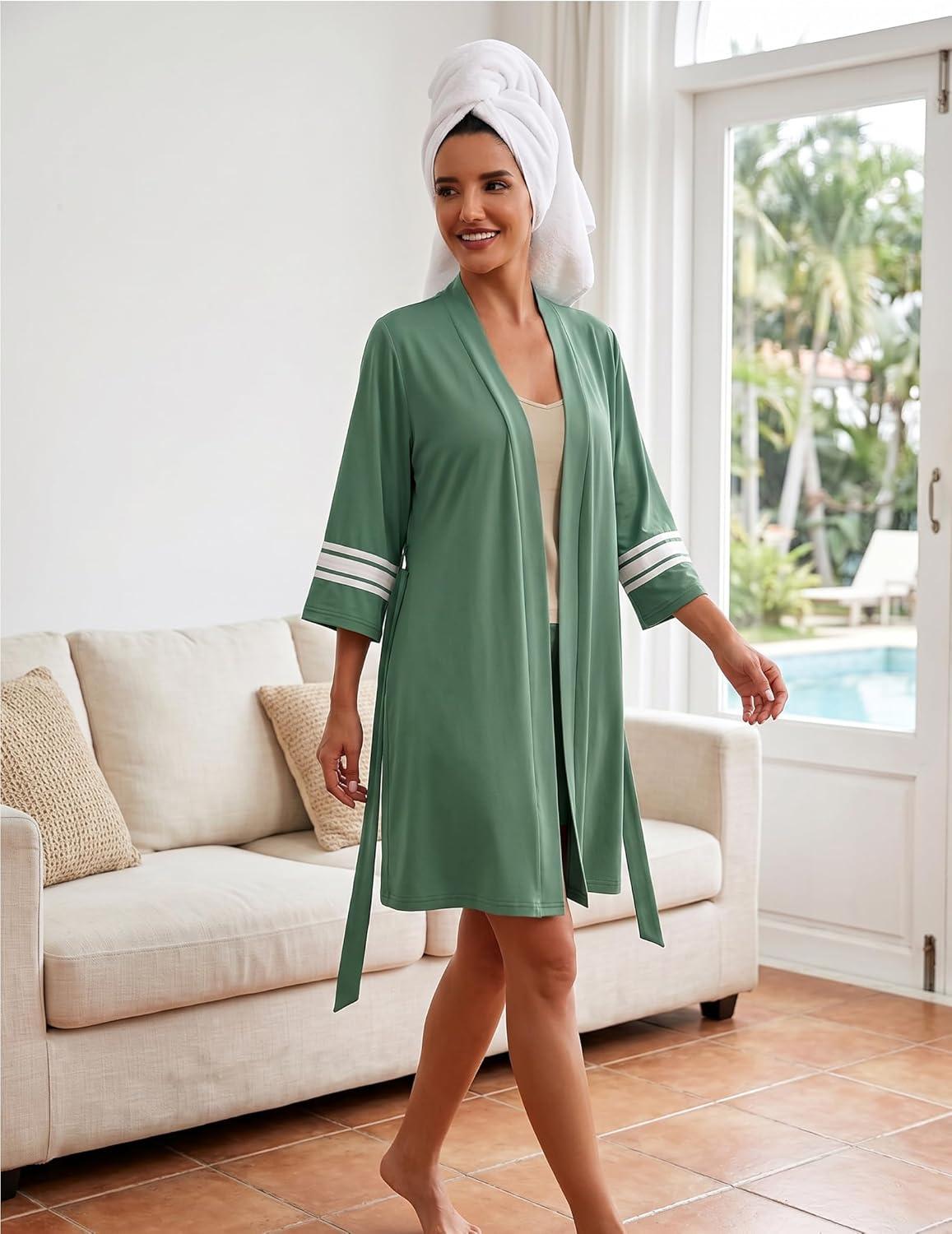 imageEkouaer Womens Robe Lightweight 34 Sleeve Bathrobe Soft Short Knit Sleepwear with PocketsGraygreen