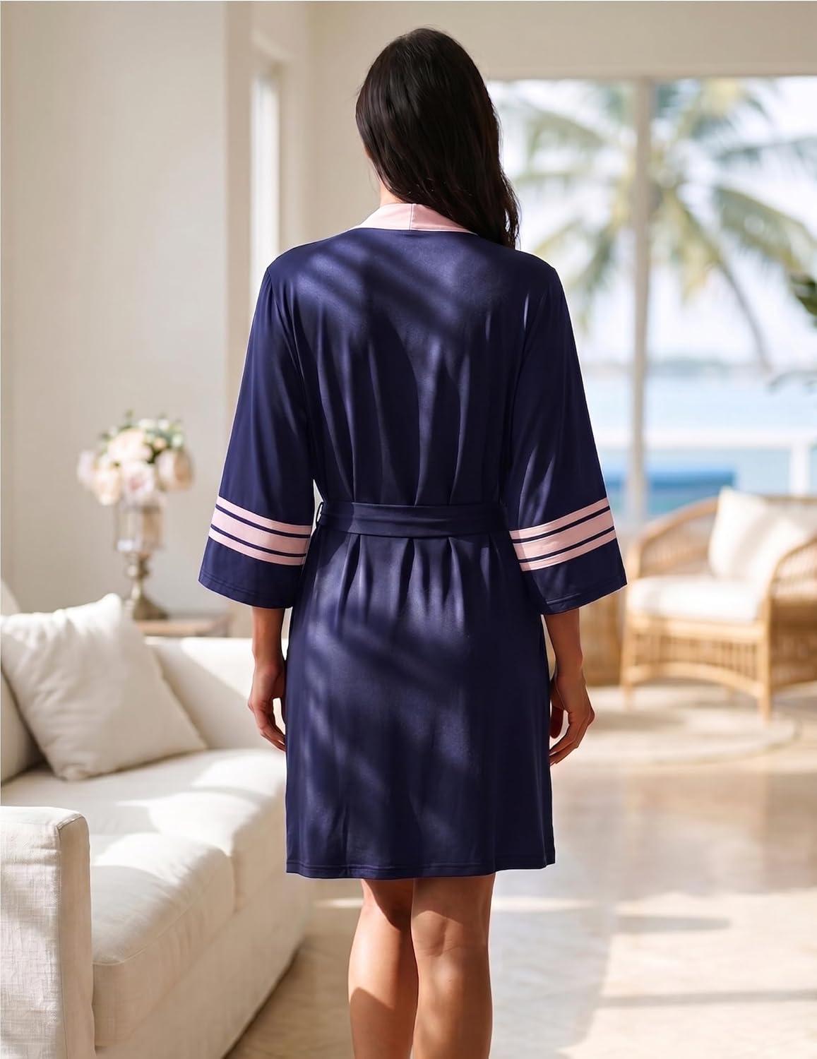 imageEkouaer Womens Robe Lightweight 34 Sleeve Bathrobe Soft Short Knit Sleepwear with PocketsNavy Blue
