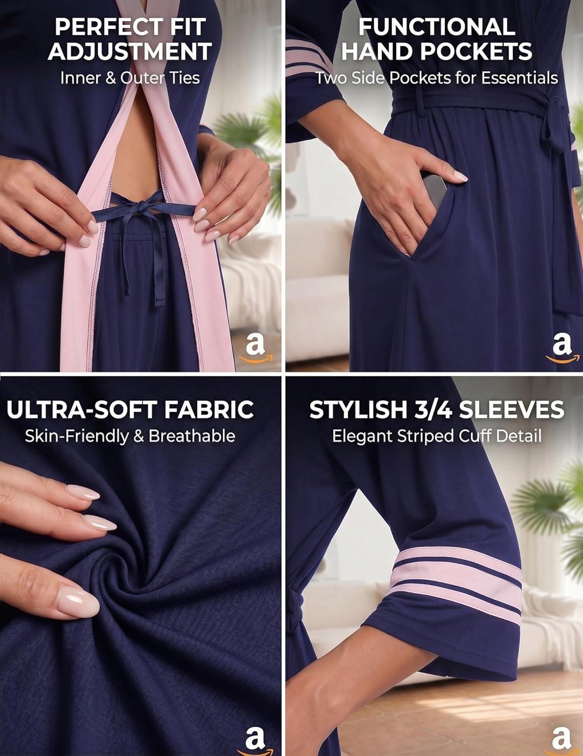 imageEkouaer Womens Robe Lightweight 34 Sleeve Bathrobe Soft Short Knit Sleepwear with PocketsNavy Blue