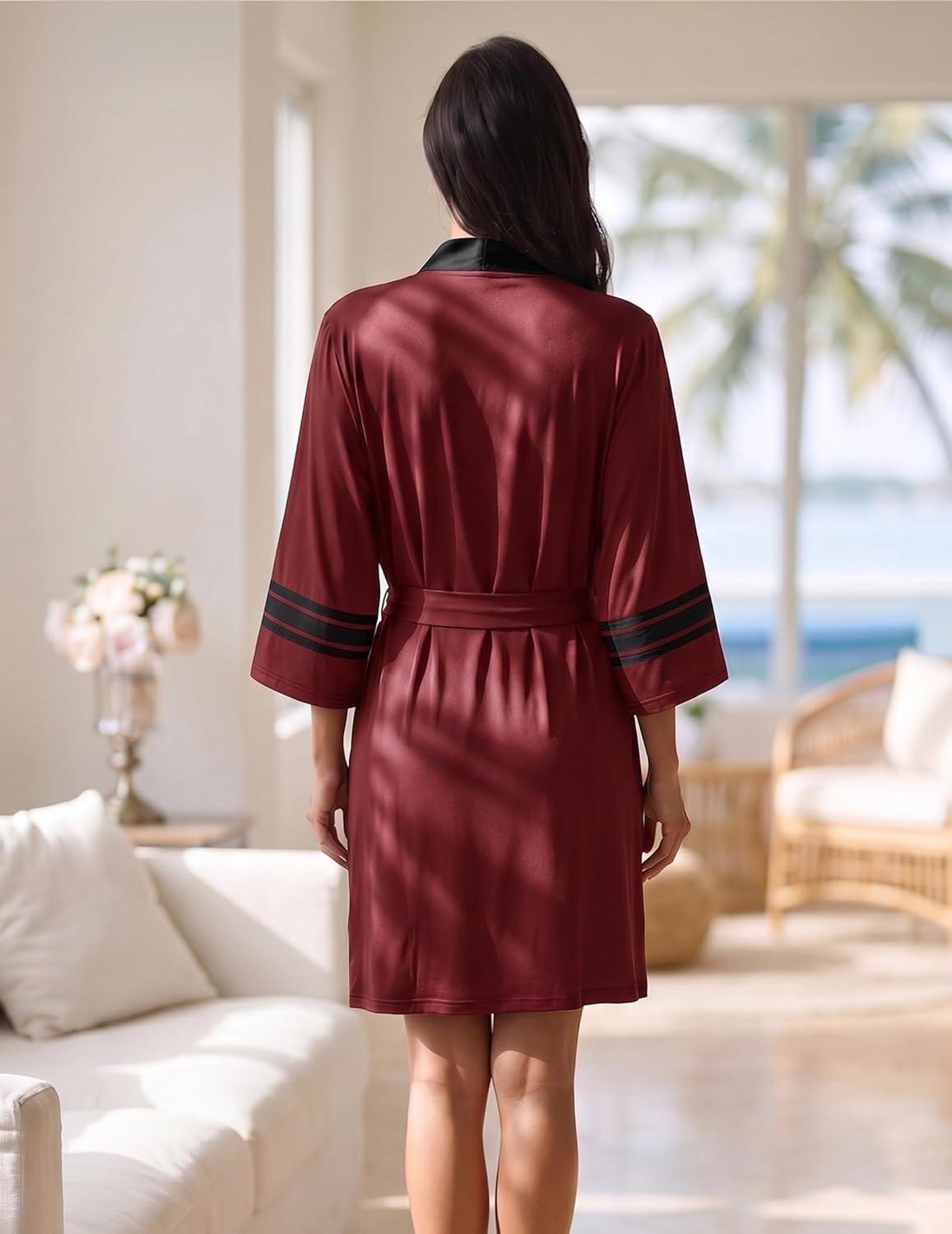 imageEkouaer Womens Robe Lightweight 34 Sleeve Bathrobe Soft Short Knit Sleepwear with PocketsWine Red