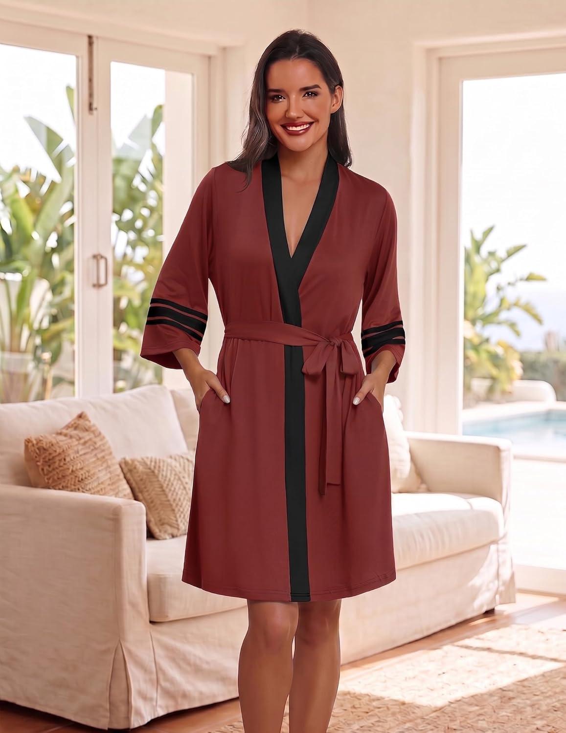 imageEkouaer Womens Robe Lightweight 34 Sleeve Bathrobe Soft Short Knit Sleepwear with PocketsWine Red