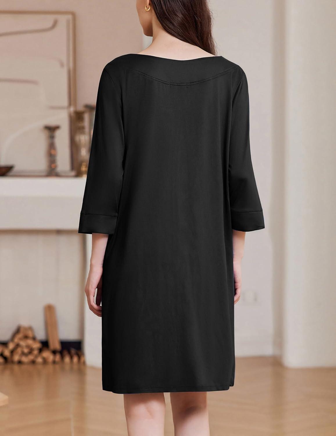 imageEkouaer Zipper Robes for Women 34 Sleeves Housecoat Soft Nightgowns Sleepwear Mumu House Dresses with PocketsBlack