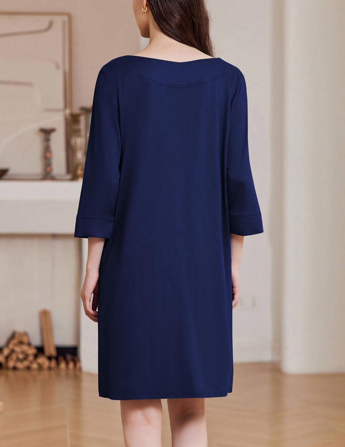 imageEkouaer Zipper Robes for Women 34 Sleeves Housecoat Soft Nightgowns Sleepwear Mumu House Dresses with PocketsNavy Blue