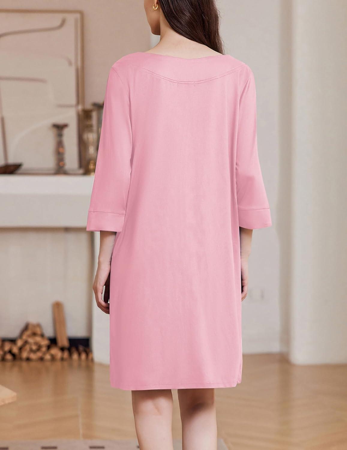 imageEkouaer Zipper Robes for Women 34 Sleeves Housecoat Soft Nightgowns Sleepwear Mumu House Dresses with PocketsPink