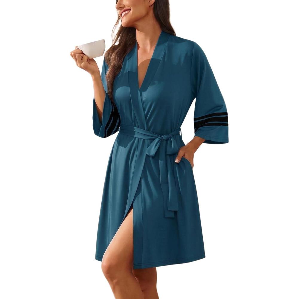 imageEkouaer Womens Robe Lightweight 34 Sleeve Bathrobe Soft Short Knit Sleepwear with PocketsLake Blue