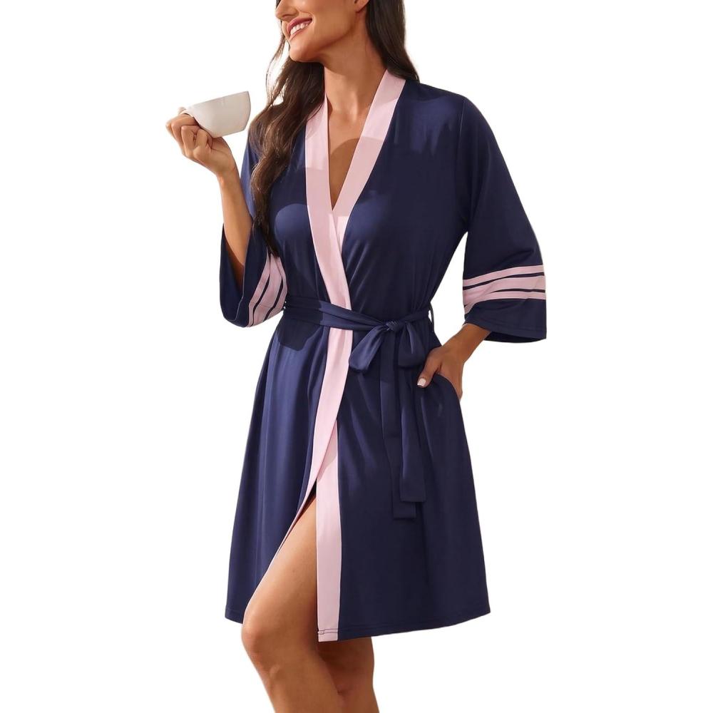 imageEkouaer Womens Robe Lightweight 34 Sleeve Bathrobe Soft Short Knit Sleepwear with PocketsNavy Blue