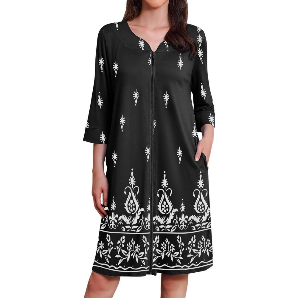imageEkouaer Zipper Robes for Women 34 Sleeves Housecoat Soft Nightgowns Sleepwear Mumu House Dresses with PocketsBlack Ethnic Print