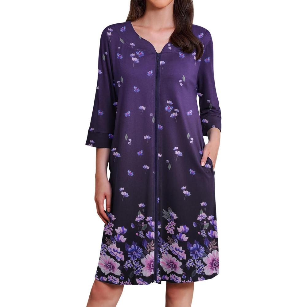 imageEkouaer Zipper Robes for Women 34 Sleeves Housecoat Soft Nightgowns Sleepwear Mumu House Dresses with PocketsDeep Purple Floral