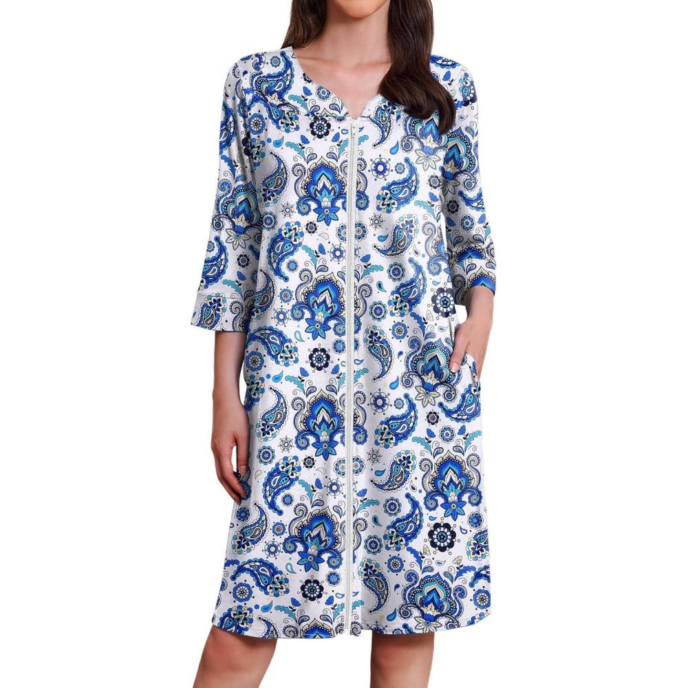 imageEkouaer Zipper Robes for Women 34 Sleeves Housecoat Soft Nightgowns Sleepwear Mumu House Dresses with PocketsEthnic Cashew Flower