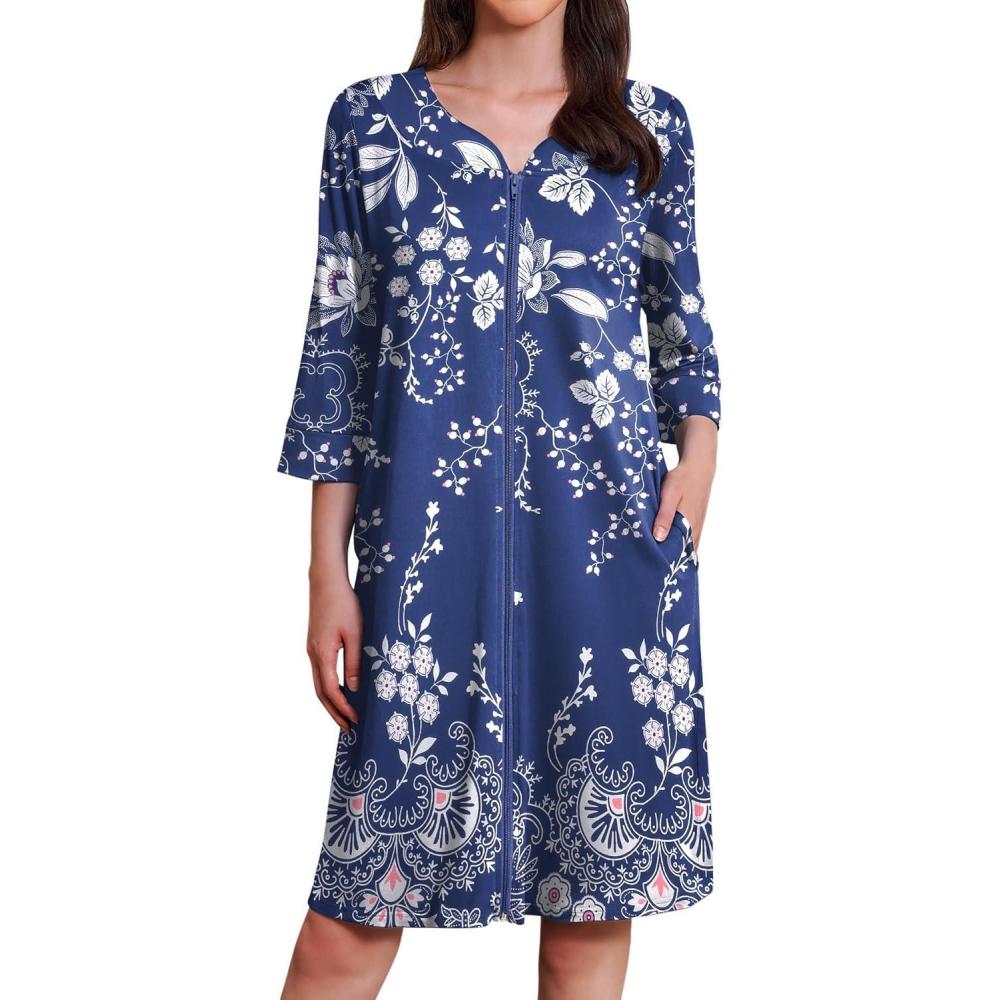 imageEkouaer Zipper Robes for Women 34 Sleeves Housecoat Soft Nightgowns Sleepwear Mumu House Dresses with PocketsEvening Blue Vines