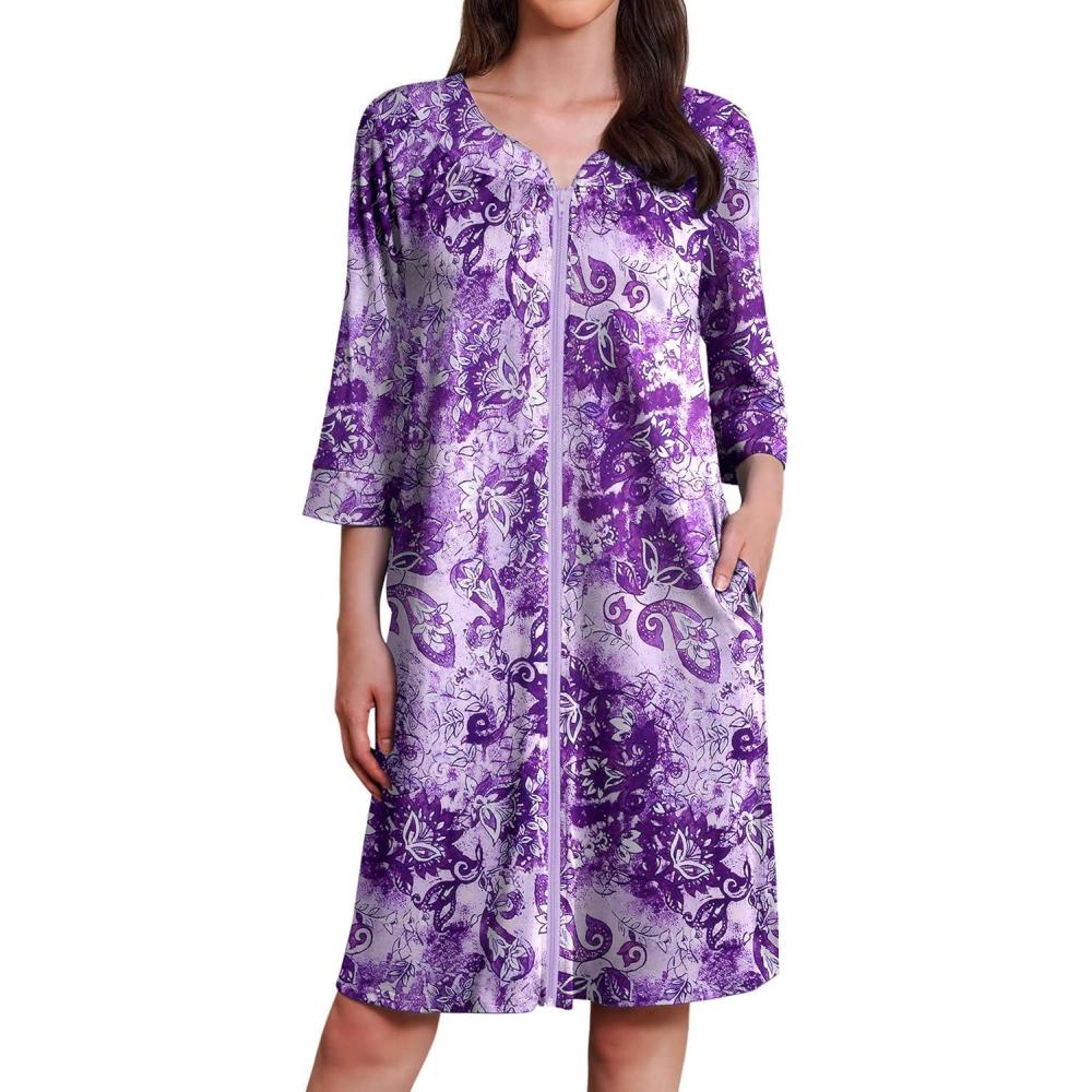 imageEkouaer Zipper Robes for Women 34 Sleeves Housecoat Soft Nightgowns Sleepwear Mumu House Dresses with PocketsFloral Purple