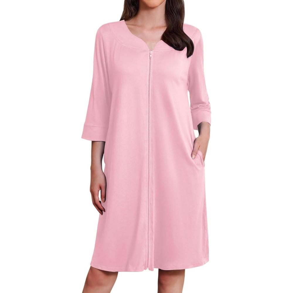 imageEkouaer Zipper Robes for Women 34 Sleeves Housecoat Soft Nightgowns Sleepwear Mumu House Dresses with PocketsPink