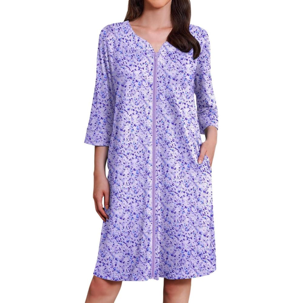 imageEkouaer Zipper Robes for Women 34 Sleeves Housecoat Soft Nightgowns Sleepwear Mumu House Dresses with PocketsSmall Florals Purple
