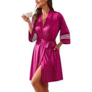 Ekouaer Womens Robe Lightweight 3/4 Sleeve Bathrobe Soft Short Knit Sleepwear with Pockets(Rose Red)