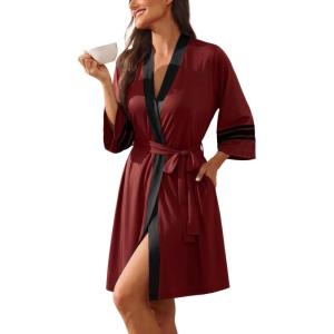 Ekouaer Womens Robe Lightweight 3/4 Sleeve Bathrobe Soft Short Knit Sleepwear with Pockets(Wine Red)