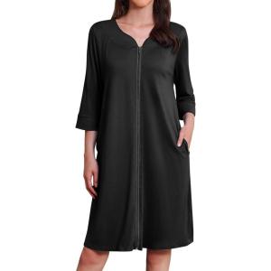 Ekouaer Zipper Robes for Women 3/4 Sleeves Housecoat Soft Nightgowns Sleepwear Mumu House Dresses with Pockets(Black)