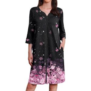 Ekouaer Zipper Robes for Women 3/4 Sleeves Housecoat Soft Nightgowns Sleepwear Mumu House Dresses with Pockets(Black Sakura)