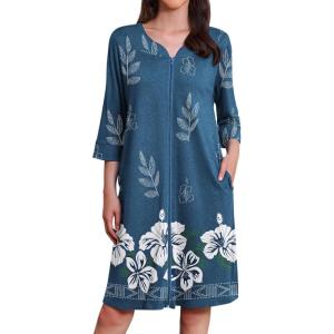 Ekouaer Zipper Robes for Women 3/4 Sleeves Housecoat Soft Nightgowns Sleepwear Mumu House Dresses with Pockets(Blue White Floral)
