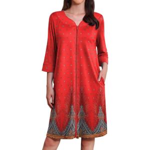 Ekouaer Zipper Robes for Women 3/4 Sleeves Housecoat Soft Nightgowns Sleepwear Mumu House Dresses with Pockets(Floral Red)