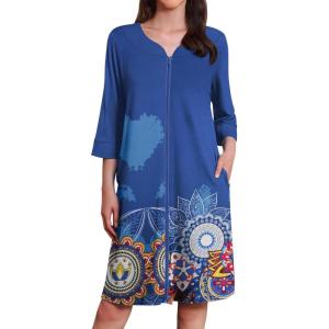 Ekouaer Zipper Robes for Women 3/4 Sleeves Housecoat Soft Nightgowns Sleepwear Mumu House Dresses with Pockets(Mandola)